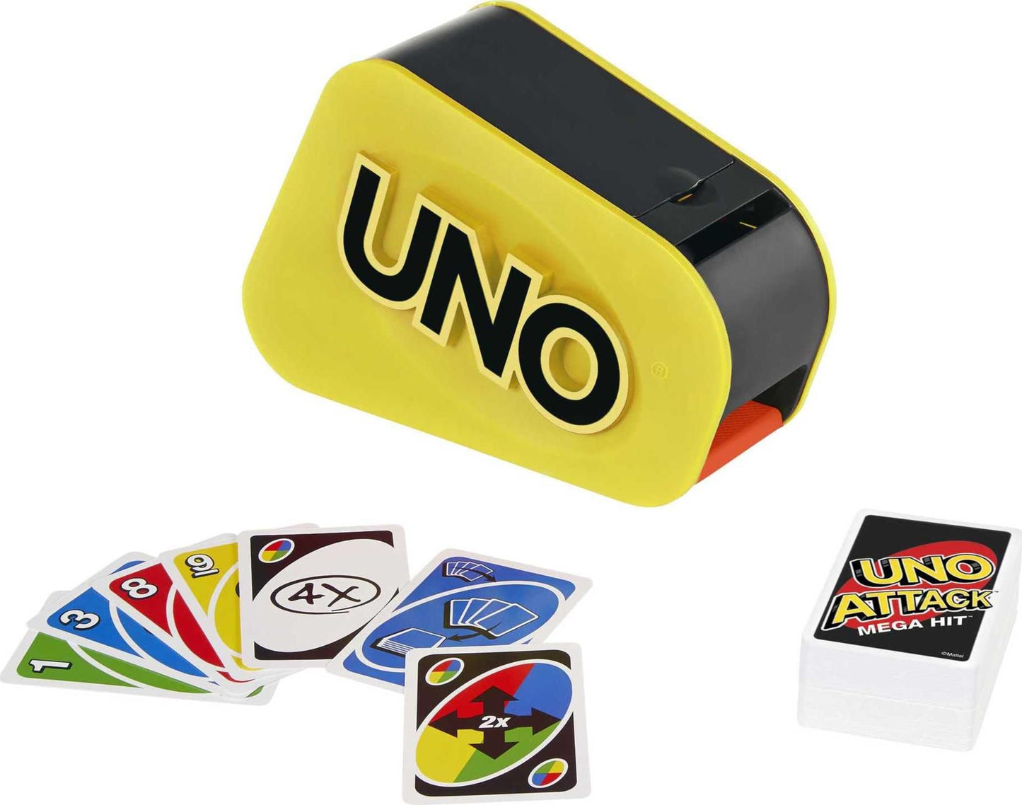 Mattel Games UNO Attack Mega Hit Card Game with Random-Action Launcher with Lights & Sounds & 112 Cards, Kid, Teen & Adult Game Night Gift Ages 7