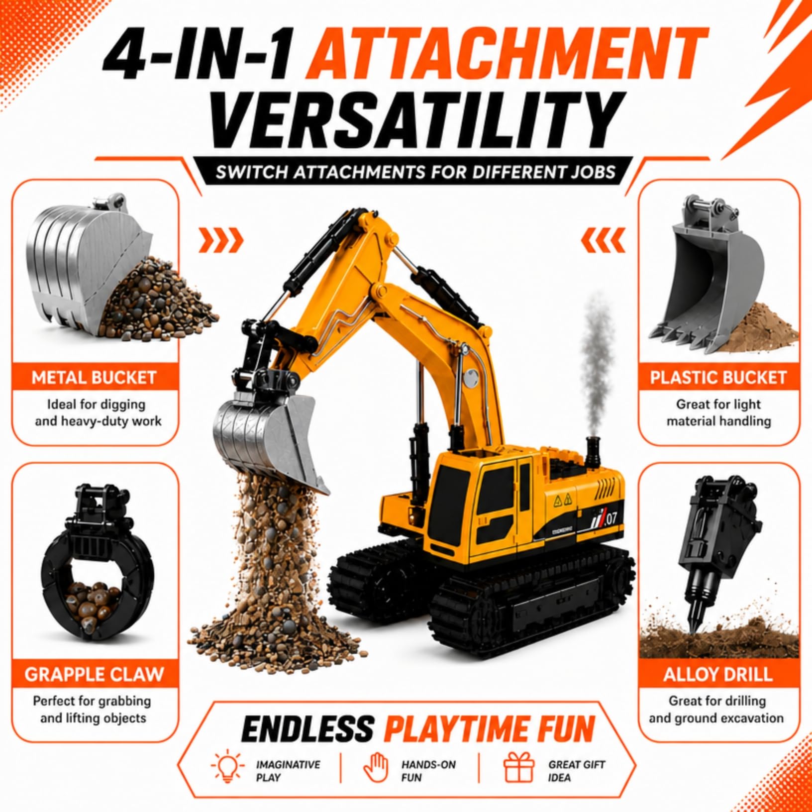 JoyDig Remote Control Excavator Toy, 4-in-1 RC Construction Vehicle with Metal Bucket, Best Birthday Gift RC Truck Digger, 680° Rotation, Smoke Spray
