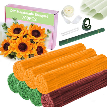 Pipe Cleaners,DIY Flower Bouquet Kit700pcs (Orange,Green,Brown) Sunflower Chenille Stems Kit, Flower Making Craft Materials(32Flowers),Art and Craft