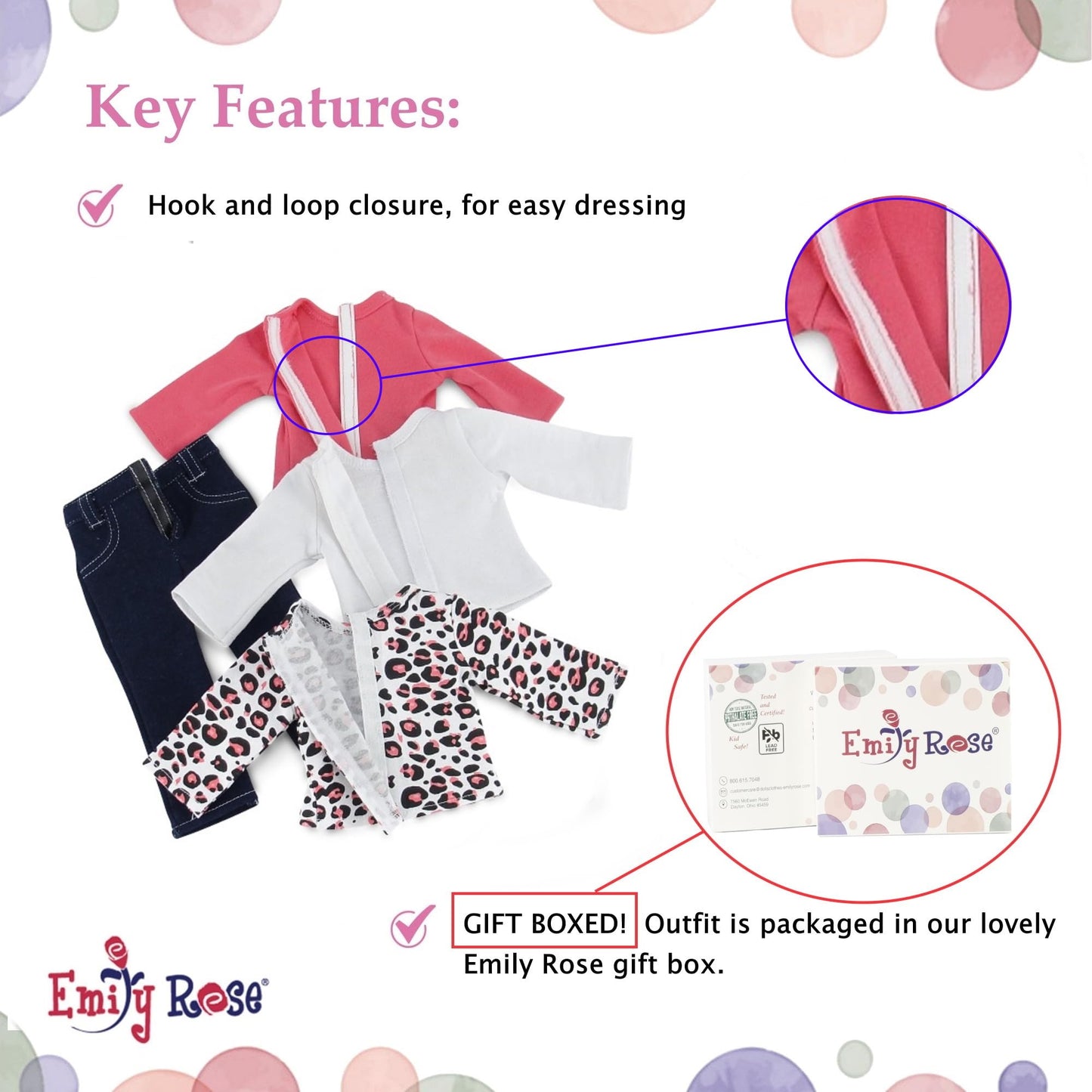 18 Inch Doll Jeans Outfit - Emily Rose 4PC Stretch Skinny Blue Jeans + 3 Long Sleeve Doll T-Shirts (White Pink Cheetah) - Basics Wardrobe Set for 18”