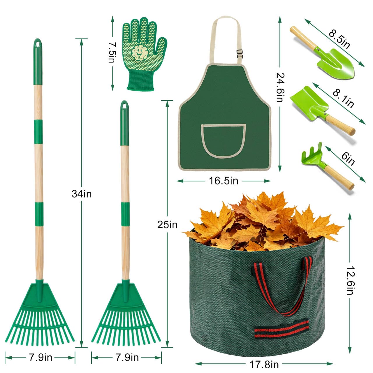 HLWDFLZ 10Pcs Kids Adjustable Garden Leaf Rake Set, with Bag & 3 Hand Tools