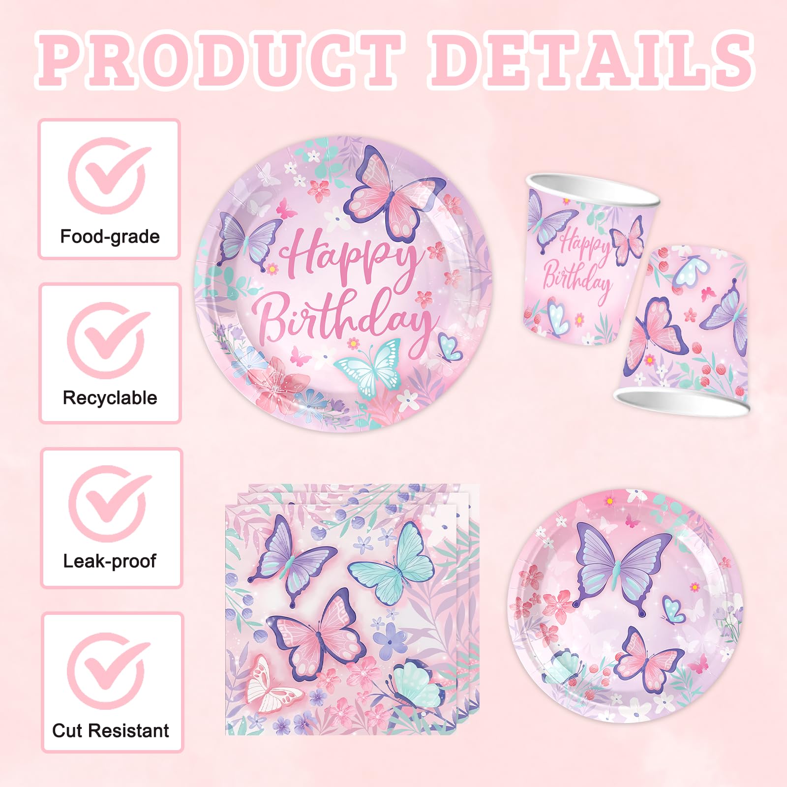 BOLAKE Butterfly Birthday Party Supplies Decorations Tableware Set Serves 25 Butterfly Disposable Paper Plates Napkins, Cups, Cake Toppers Tablecloth