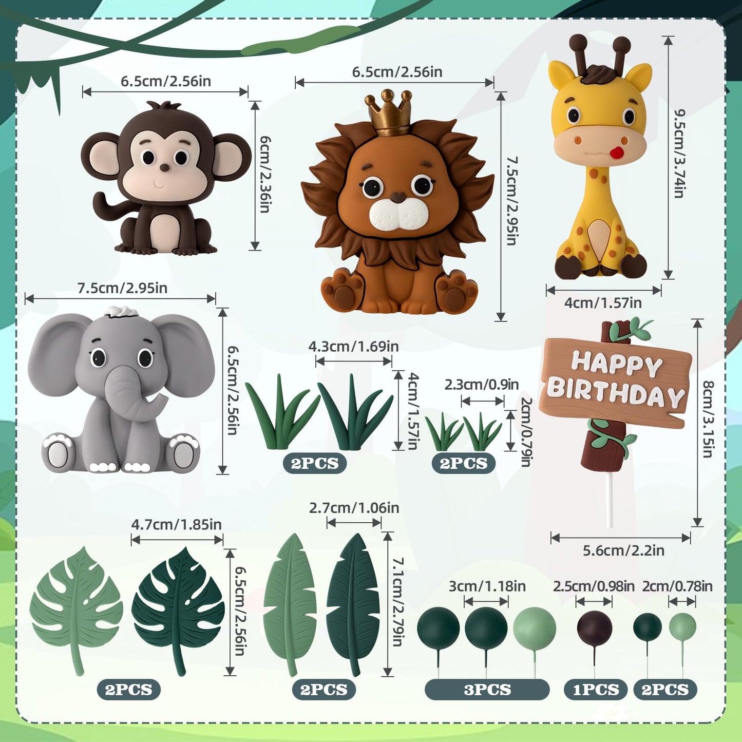 19pcs Safari Animal Cake Topper - Jungle Wild Cake Toppers with Leaves Balls Cake Decorations for Safari Animals Themed Birthday Party Decorations