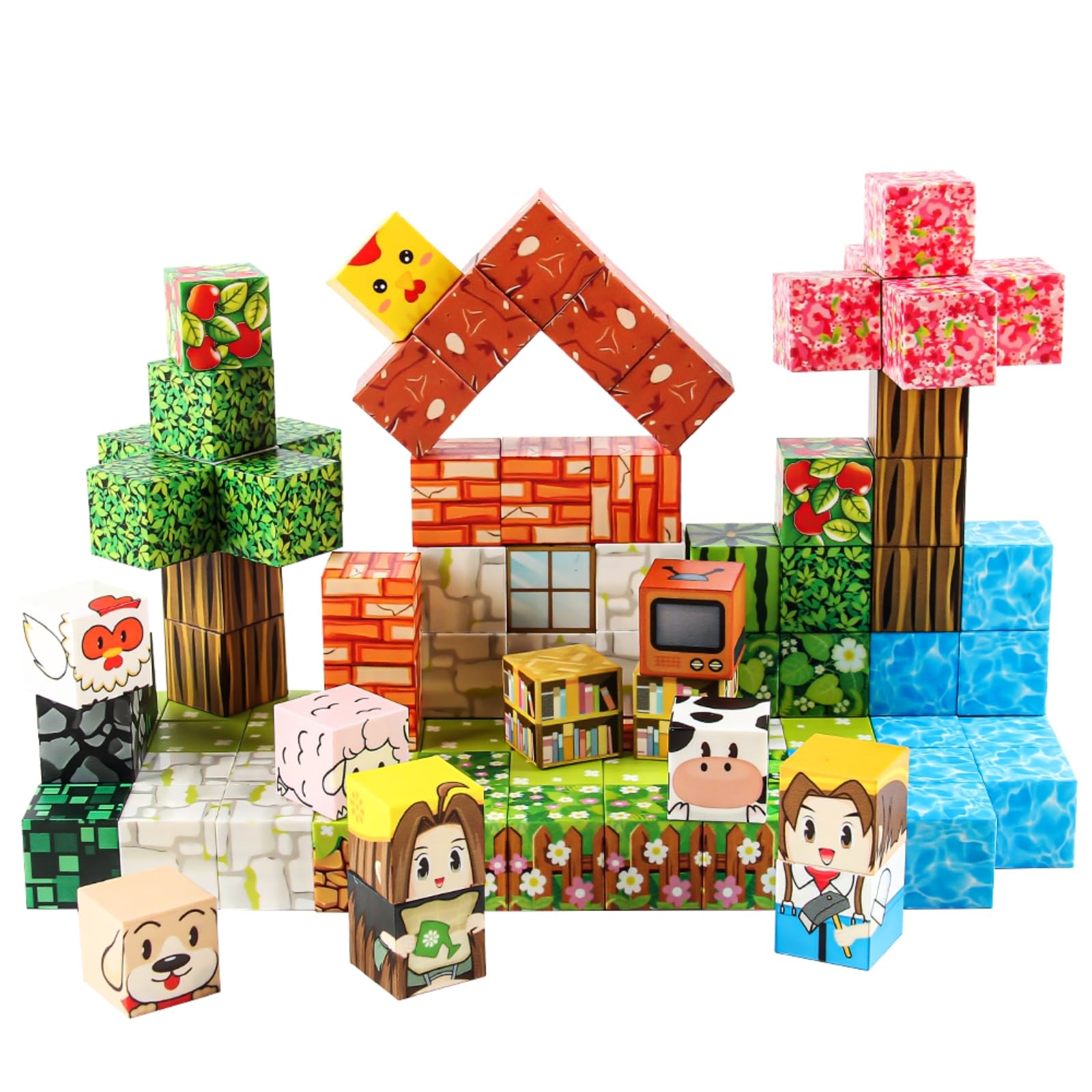 FXZYIXS Magnetic Blocks, 117-Piece 0.8in Building Farm Magnet Game Set, Stacking Building Blocks Cubes Magnets for Kids, STEM Sensory Creative Toys