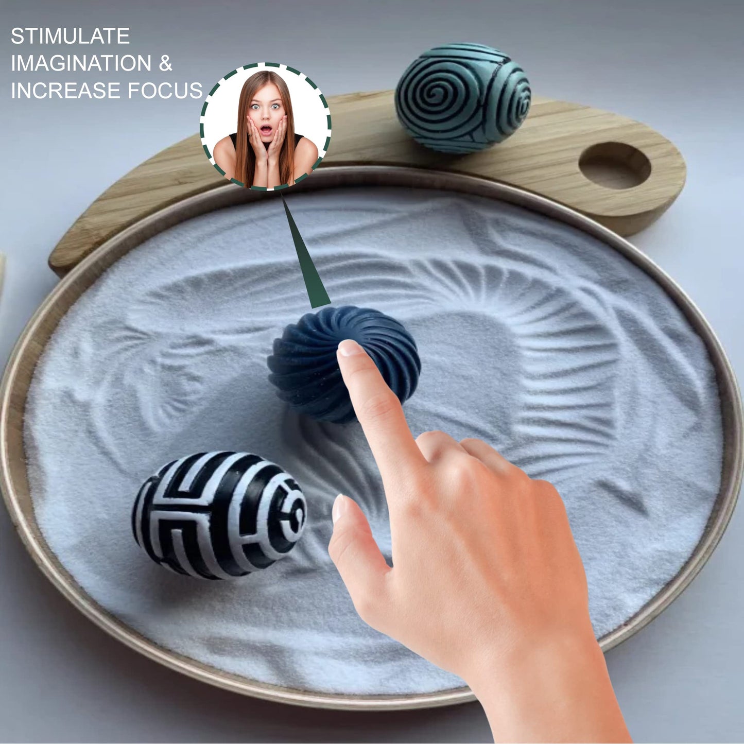 Japanese Zen Garden Kit for Desk | 9.5" Bamboo Sand Tray | 3 Resin Stamp Spheres | Meditation Accessories | 6 Mini Garden Rake | Decor Gifts