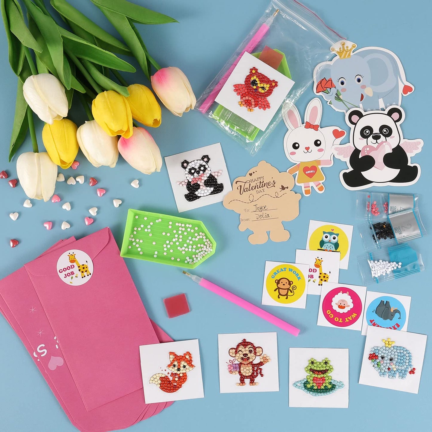 Valentine's Day Cards for Kids - 28pcs Diamond Animal Craft Kits With 7 Different Gem Stickers for School Classroom Exchange Gifts and Decorations