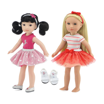 Emily Rose 14" Doll Fashion Bundle 8-PC - Pink Unicorn Tutu & Coral Outfit Sets with Shoes & Headbands | Glitter Girls and Wellie Wishers Compatible |