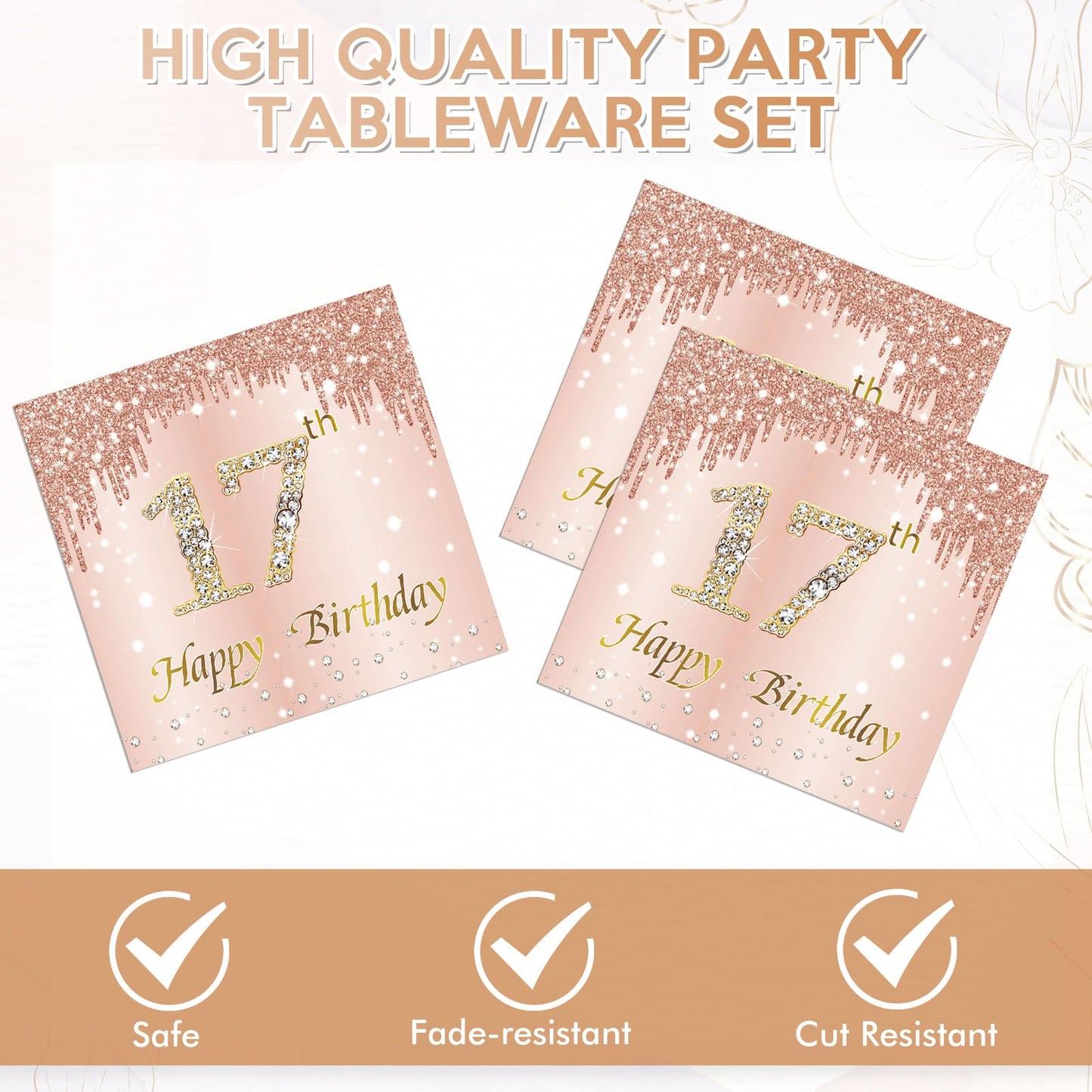 40 Pcs 17th Birthday Decorations for Girls,Rose Gold 17 Years Old Birthday Party Plates and Napkins Disposable 17th Birthday Paper Tableware Set