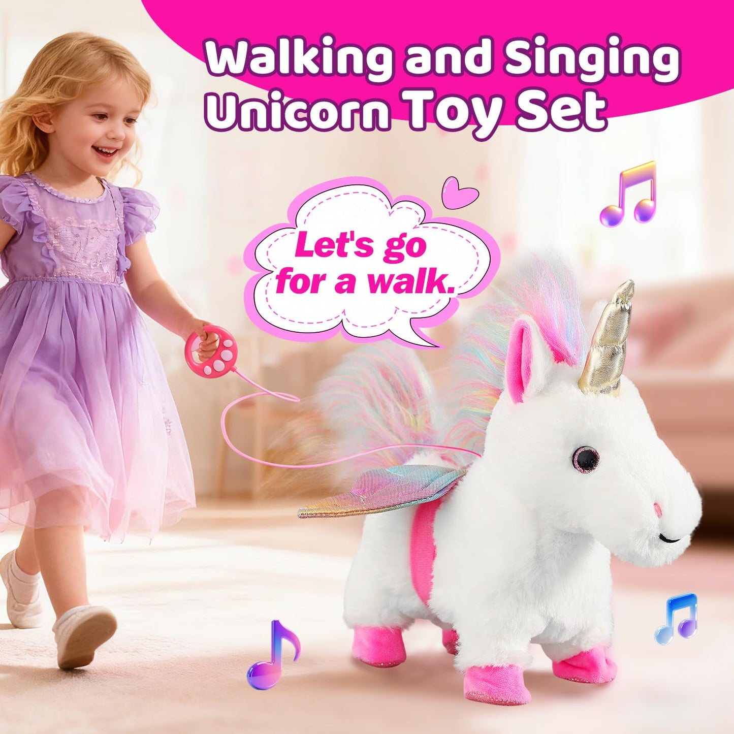 HCdoujoy White Unicorn Toys for Girls Toy Set Singing Walking Electronic Plush Unicorns with Control Leash, Pretend Dress Up Animated Stuffed Unicorn