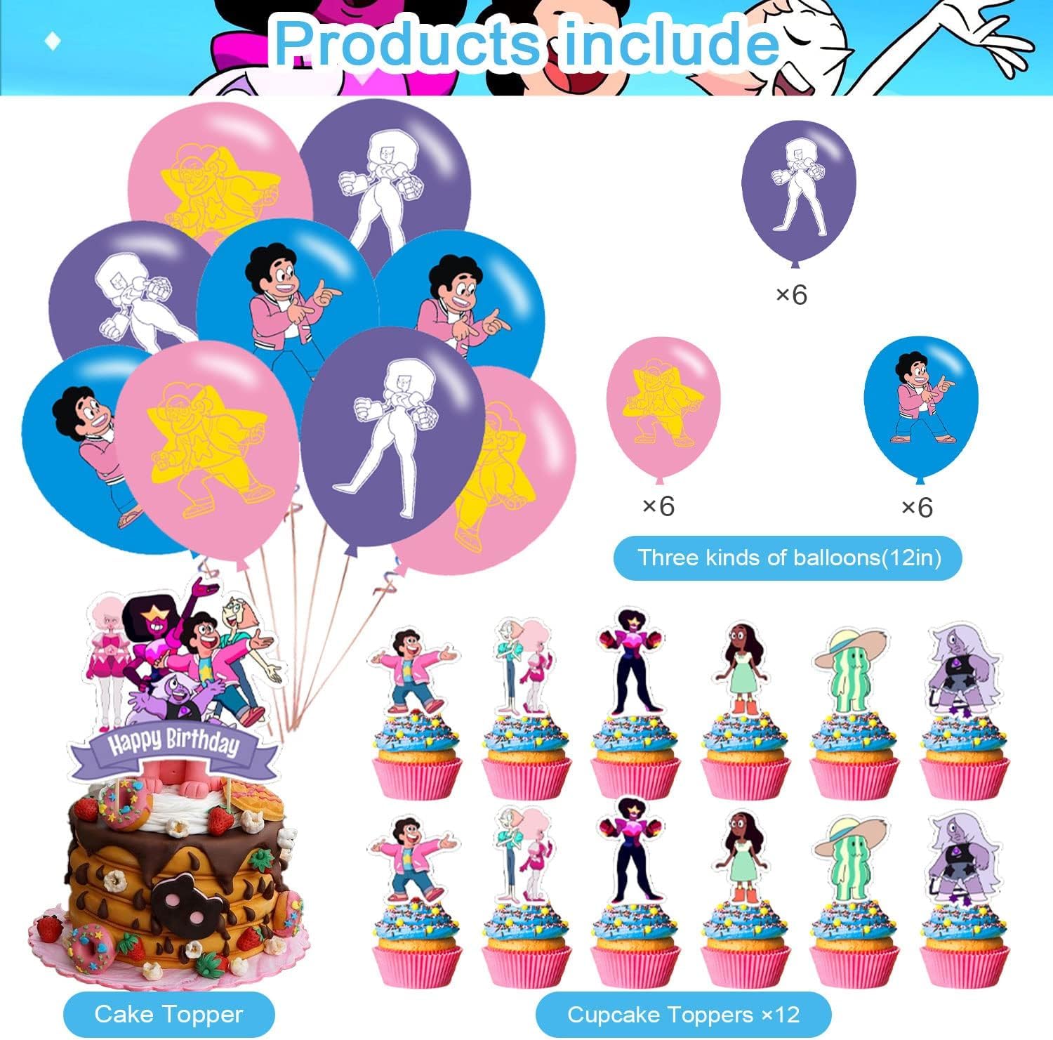 Steven Universe Party Decorations, Cute Cartoon Movie Birthday Party Supplies Includes Banner, Cake Topper, 12 Cupcake Toppers, 18 Balloons
