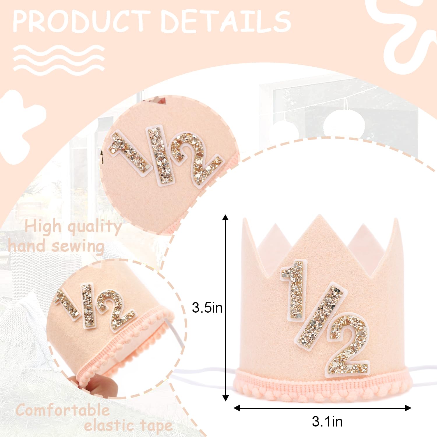 Jissoo Apricot 1/2 Birthday Crown - 6 Months Decorations, Cake Smash Party Crown, Half Birthday Hat Photo Props, Little Cute 1/2 Way To One Decoration