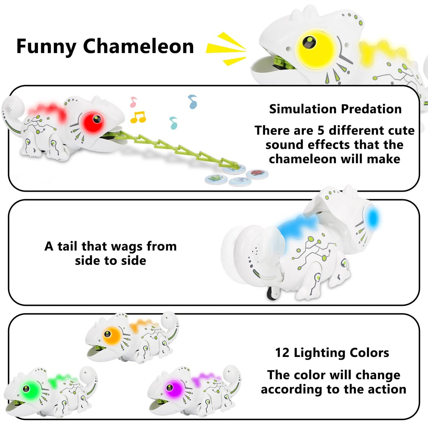 OSQI Interactive Remote Control Chameleon Simulation Toy for Kids - 2.4GHz RC Reptile with 5 Sound Effects, 12 Color Lights, Extending Tongue &