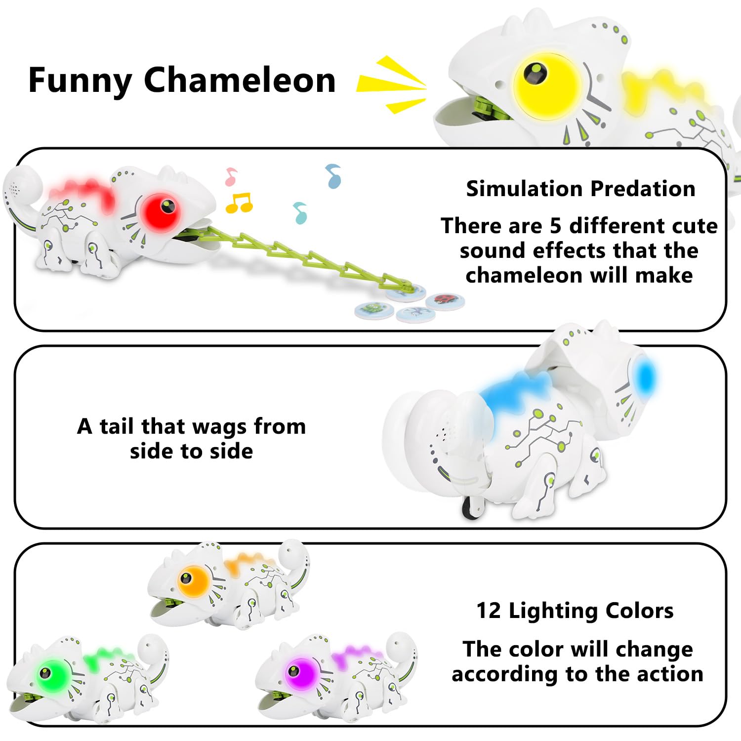 OSQI Interactive Remote Control Chameleon Simulation Toy for Kids - 2.4GHz RC Reptile with 5 Sound Effects, 12 Color Lights, Extending Tongue &