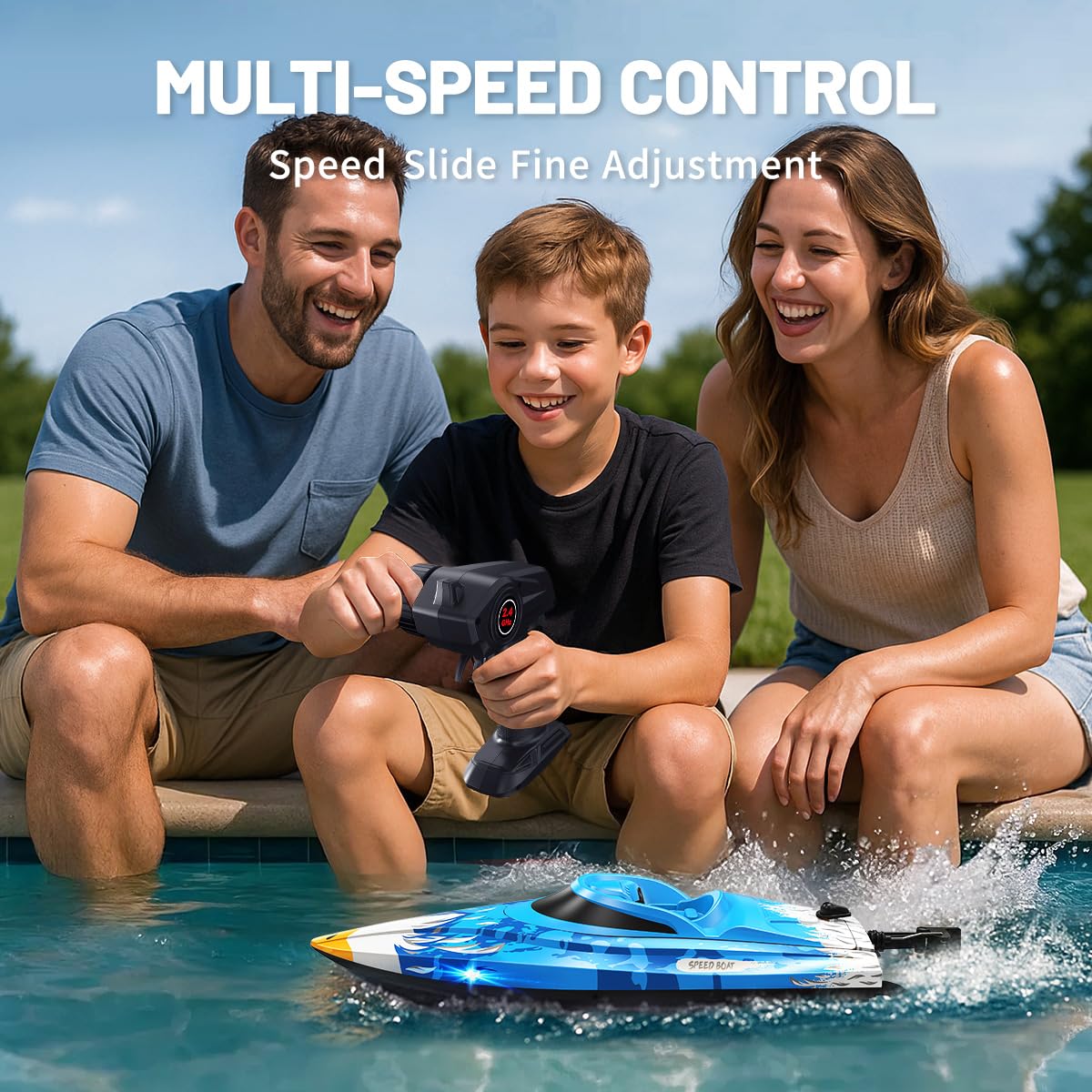 RC Boat 25KM/H High Speed Waterproof Remote Control Boat,Water Cooling, 2.4GHz Remote, 2 Batteries, LED Lights, One-Key Flip, Low Battery