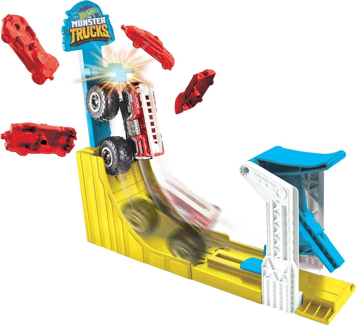 Hot Wheels Monster Trucks Big Air Breakout Play Set with 5 Alarm 1:64 Scale die-cast Metal Body Monster Truck 4 Plastic Crushed Cars 1 Slam Launcher