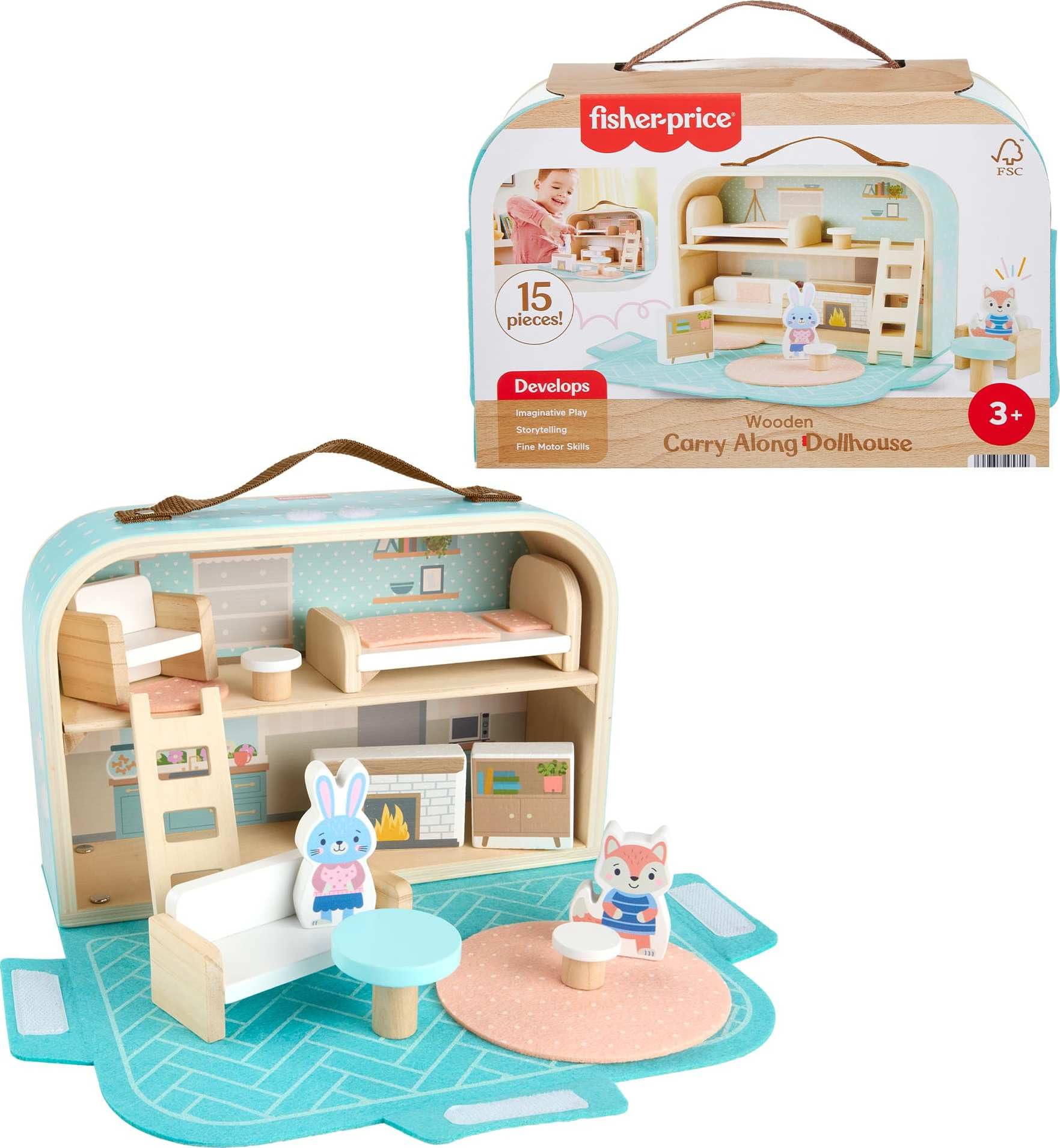 Fisher-Price Wood Pretend Play Toy Dollhouse Carry Along, 15-Piece Wooden Portable Playset for Travel Preschool Kids Ages 3+ Years