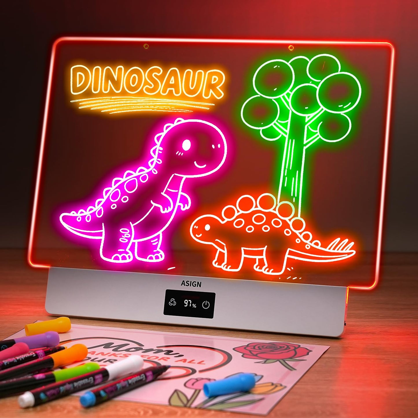 Rechargeable LED Drawing Board, 16.6 Inches Lumiboard, 8 Colors & 3 Modes, LED Note Board with Build in Stand, Includes 7 Markers & 1 Hanging Chain