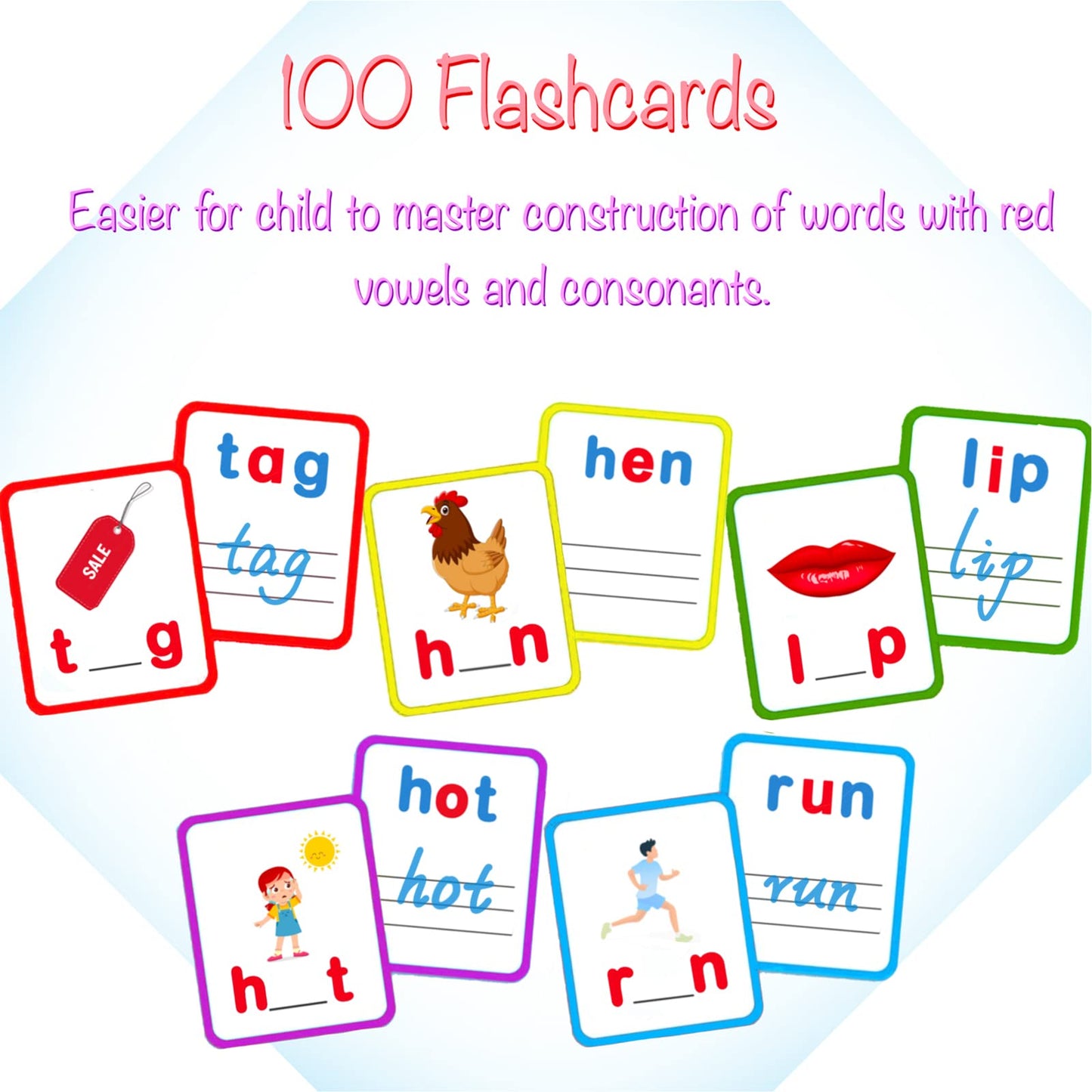 100 Short Vowel Spelling Flashcards, Handwriting Cards Learn to Write CVC Sight Words CVC Words Games for Kindergarten Learning Activities, Montessori