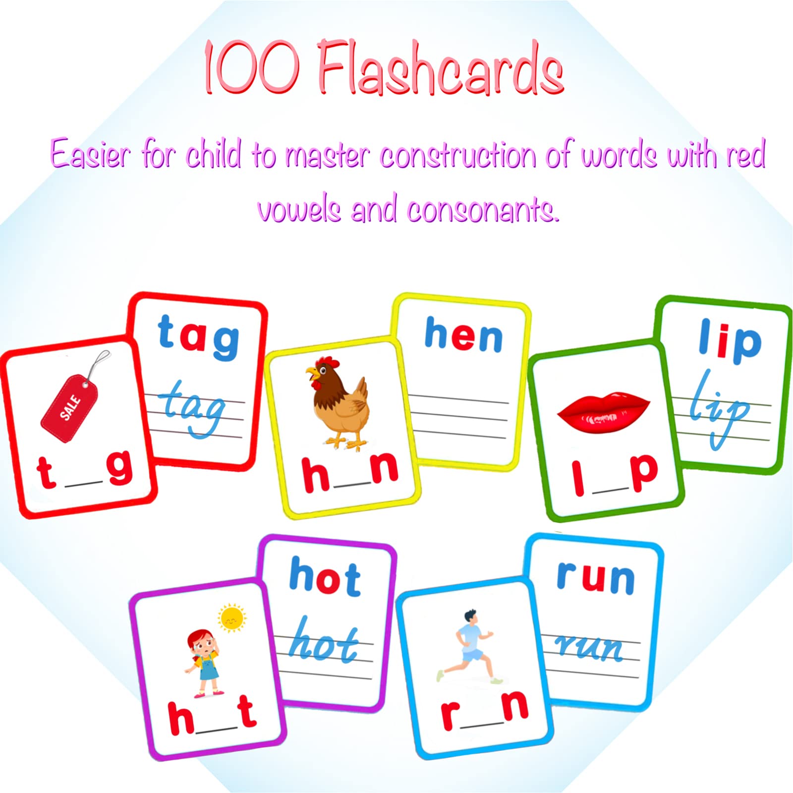 100 Short Vowel Spelling Flashcards, Handwriting Cards Learn to Write CVC Sight Words CVC Words Games for Kindergarten Learning Activities, Montessori