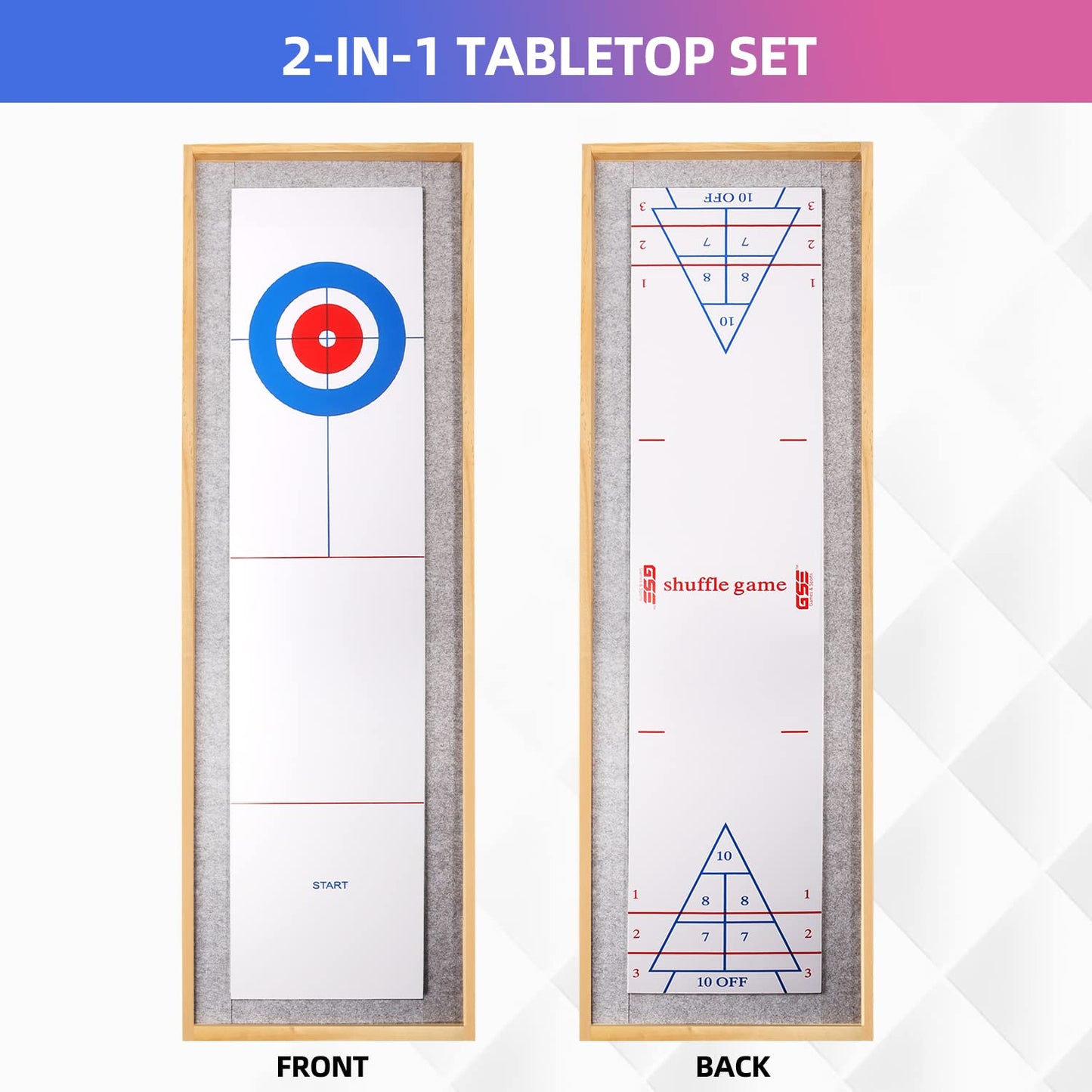 GSE Games & Sports Expert 2-in-1 Solid Wood Shuffleboard and Curling Tabletop Game Board Set with 8 Rollers for Family and Friends