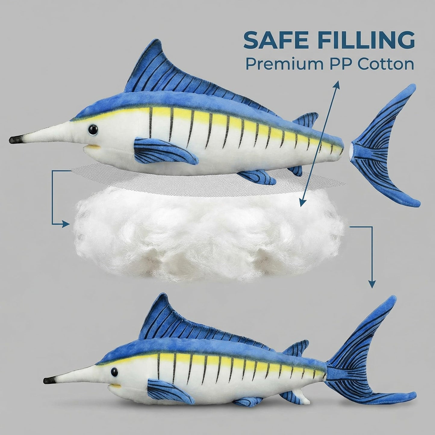 Frankiezhou Home Simulation Marlin Fish Plush Toy- 18.5inch Lifelike Animals Blue Marlin Fish Stuffed Animal, Super Soft Plush Dolls for Kids Stuffed