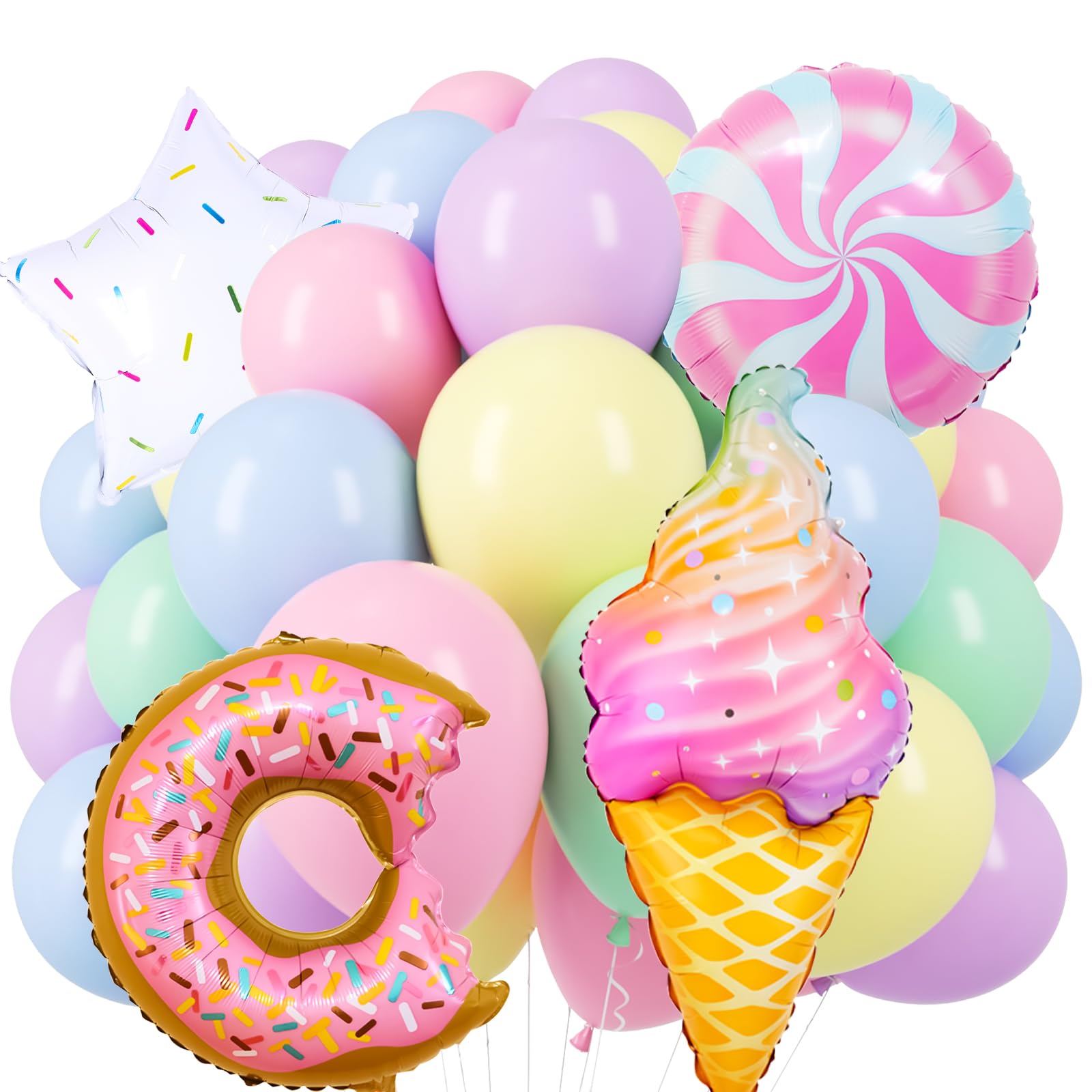 Pink Purple Blue Green Yellow Macaron Latex Balloons, Foil Donut Ice Cream Candy Balloon Sweet One Backdrops for Girls Women Birthday Party