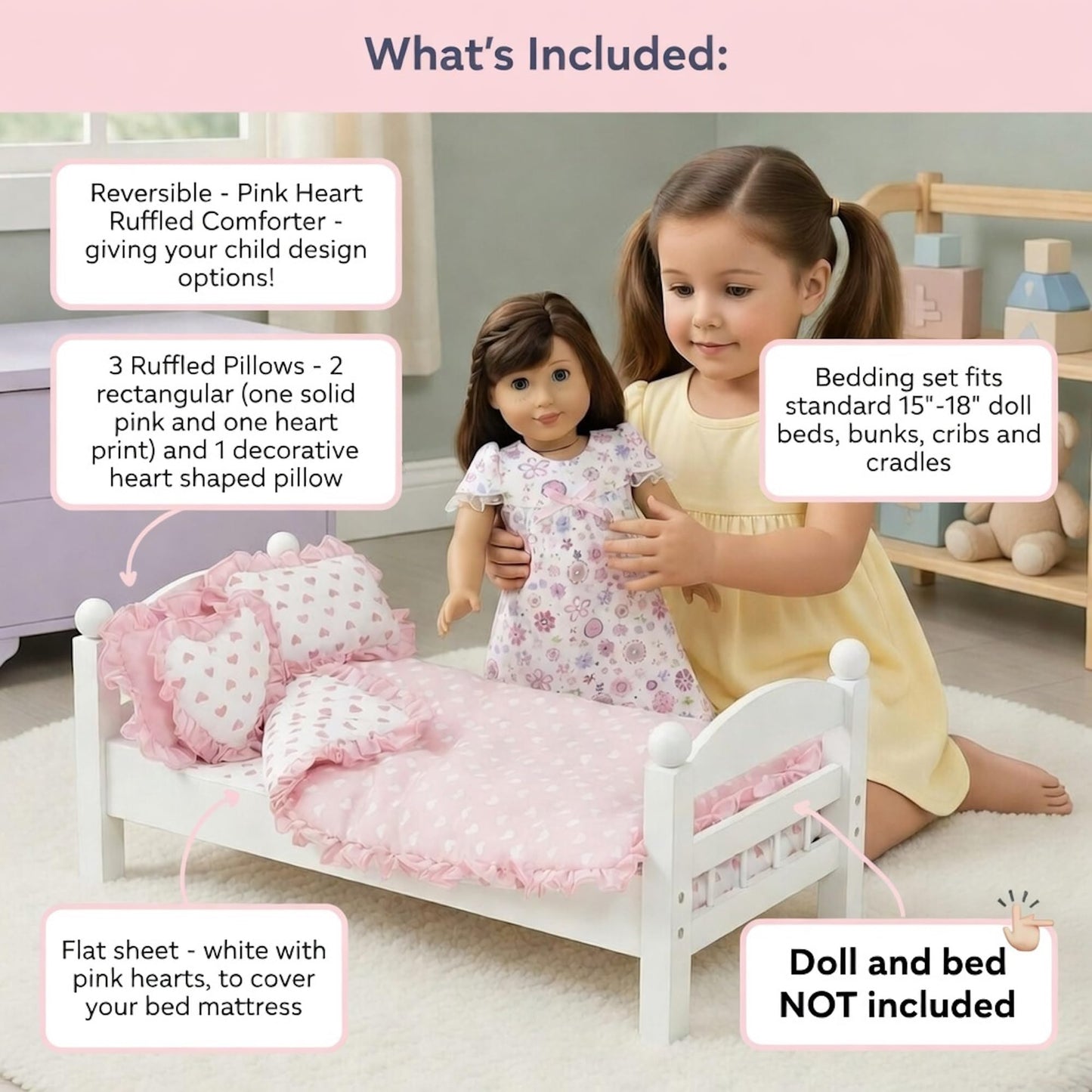 Emily Rose 18" Doll Pink Heart Valentines Bedding Set - 5 Pc Doll Bed Bedding & Bedroom Accessories with Comforter, Pillows & Matress Covering Flat