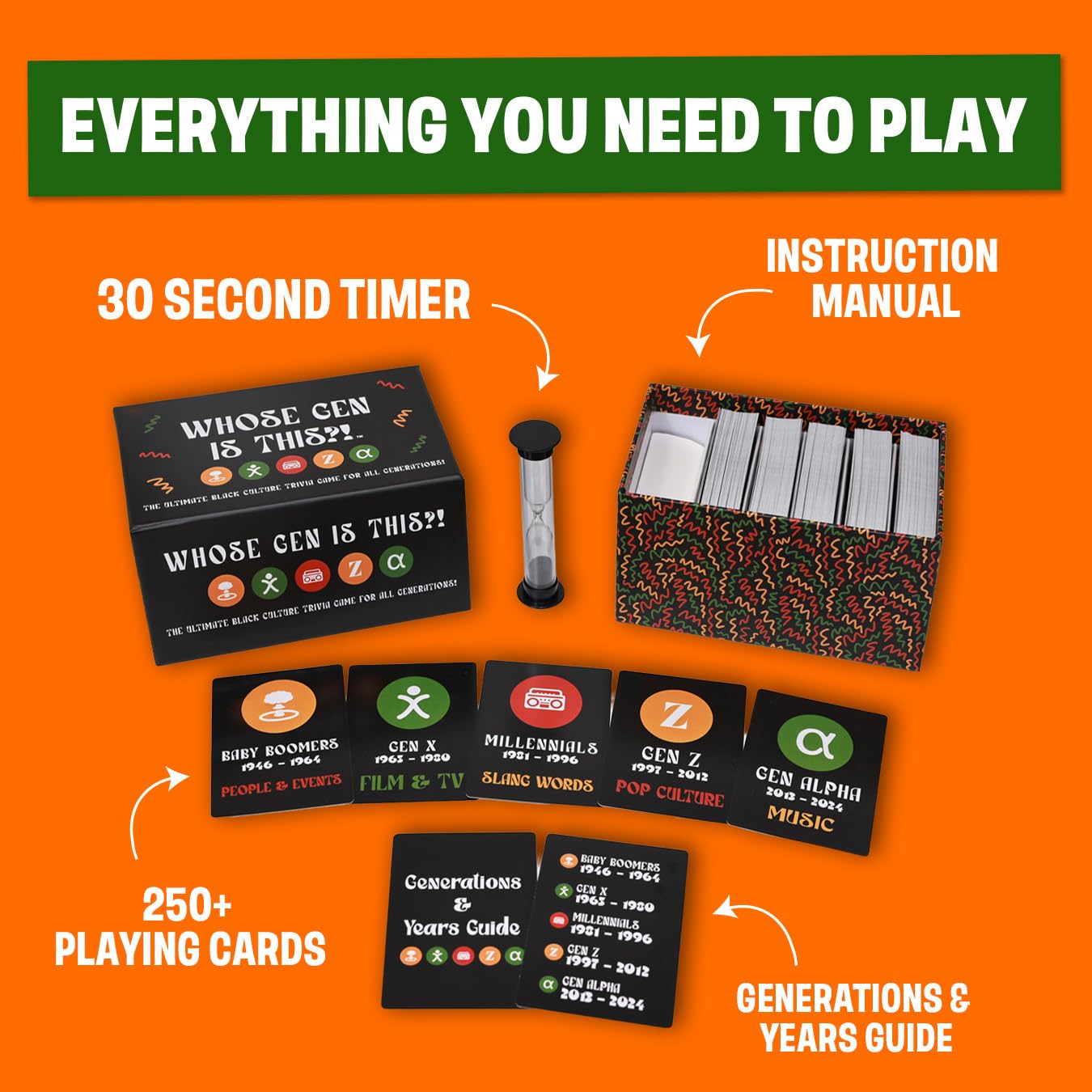 Whose Gen Is This?! - Black Culture Trivia Card Game | Fun Multi-Generational Party Game for Adults & Teens | 5 Categories | 250 Trivia Cards & Sand