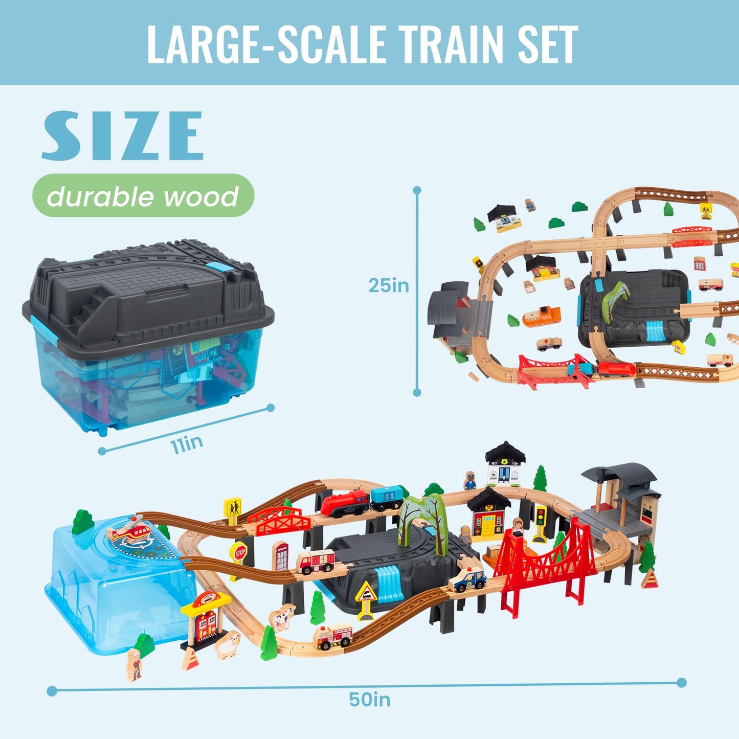 WoodenEdu 100Pcs Wooden Train Set for 3 Year Old Boys, Double-Side Train Set Tracks with Bridge Train Station & Storage Box, Fits Brio, Thomas