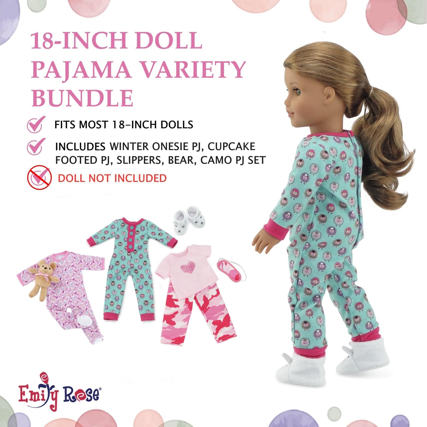 Emily Rose 18-inch Doll Pajamas 7-PC Set - Cupcake, Lamb & Pink Camo PJs with Teddy Bear - Sleeping Clothes Bundle for Dolls - Compatible