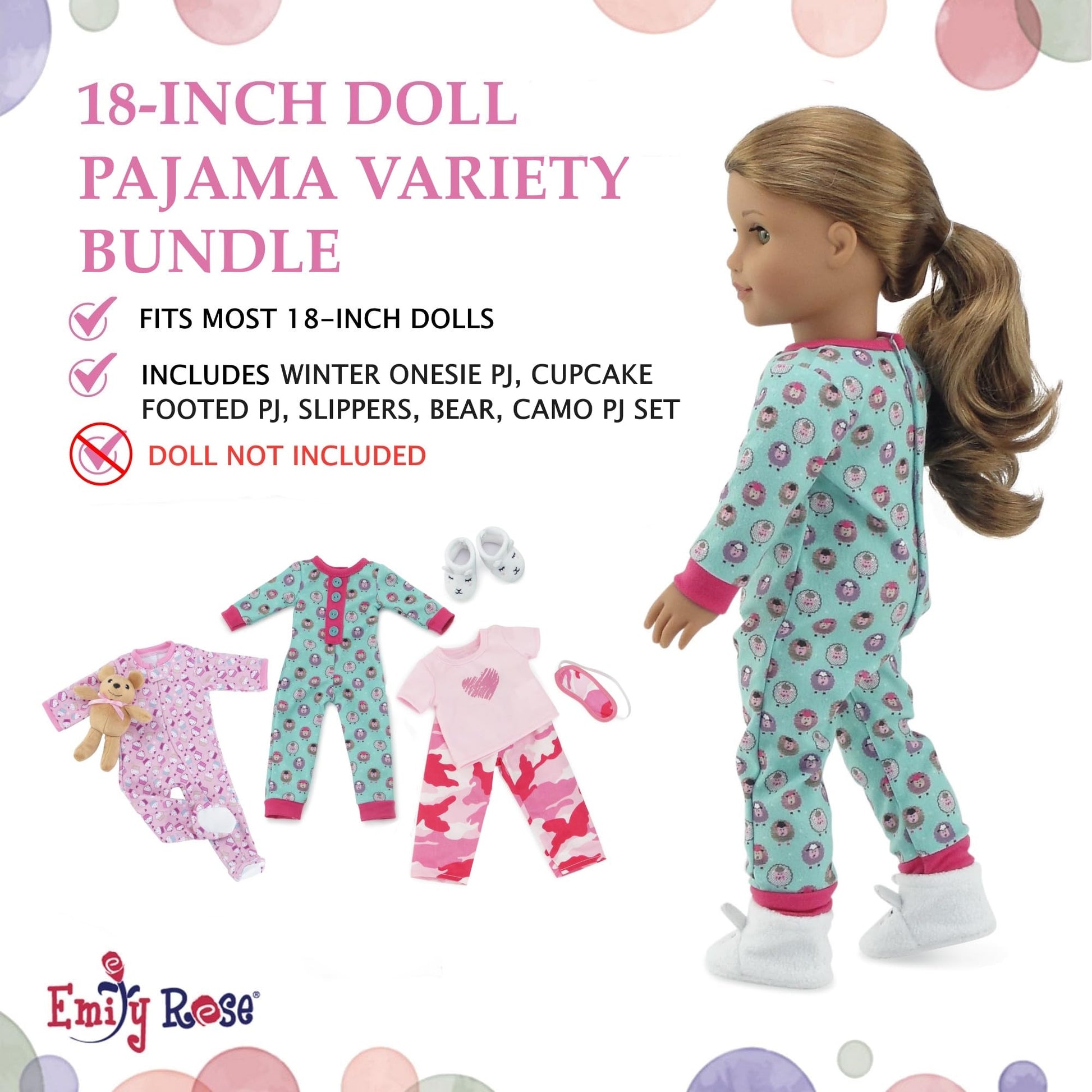 Emily Rose 18-inch Doll Pajamas 7-PC Set - Cupcake, Lamb & Pink Camo PJs with Teddy Bear - Sleeping Clothes Bundle for Dolls - Compatible
