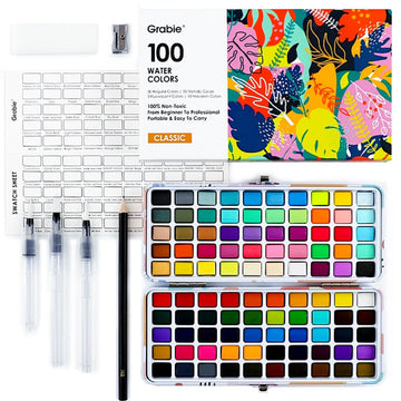 Grabie 100 Colors Watercolor Paint Set - 50 Regular, 35 Metallic, 10 Macaron and 5 Fluorescent Colors - Portable with Carrying Case, Water Brush Pens