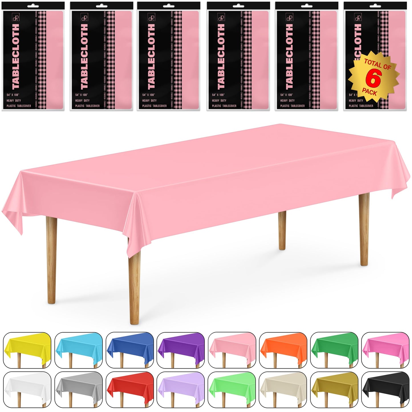 DecorRack 6 Pack Light Pink Plastic Tablecloths (Rectangular 54x108 in)