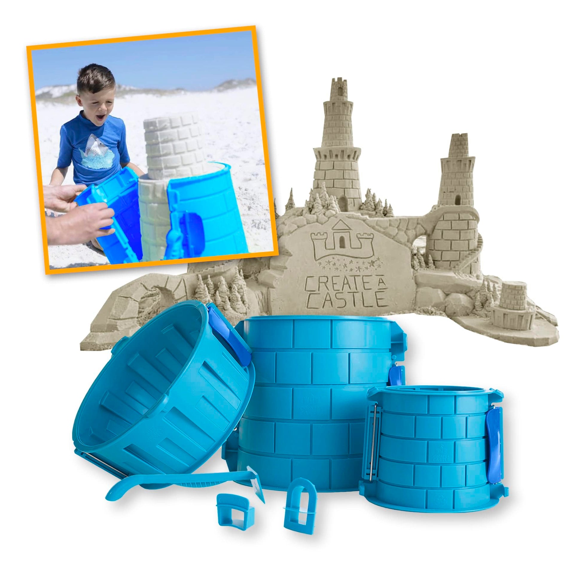 Create A Castle Sandcastle Kit as Seen on Shark Tank, 6 Piece Outdoor Beach Toy Set for Kids and Adults, Towers, Building Tools, Portable Mesh Storage