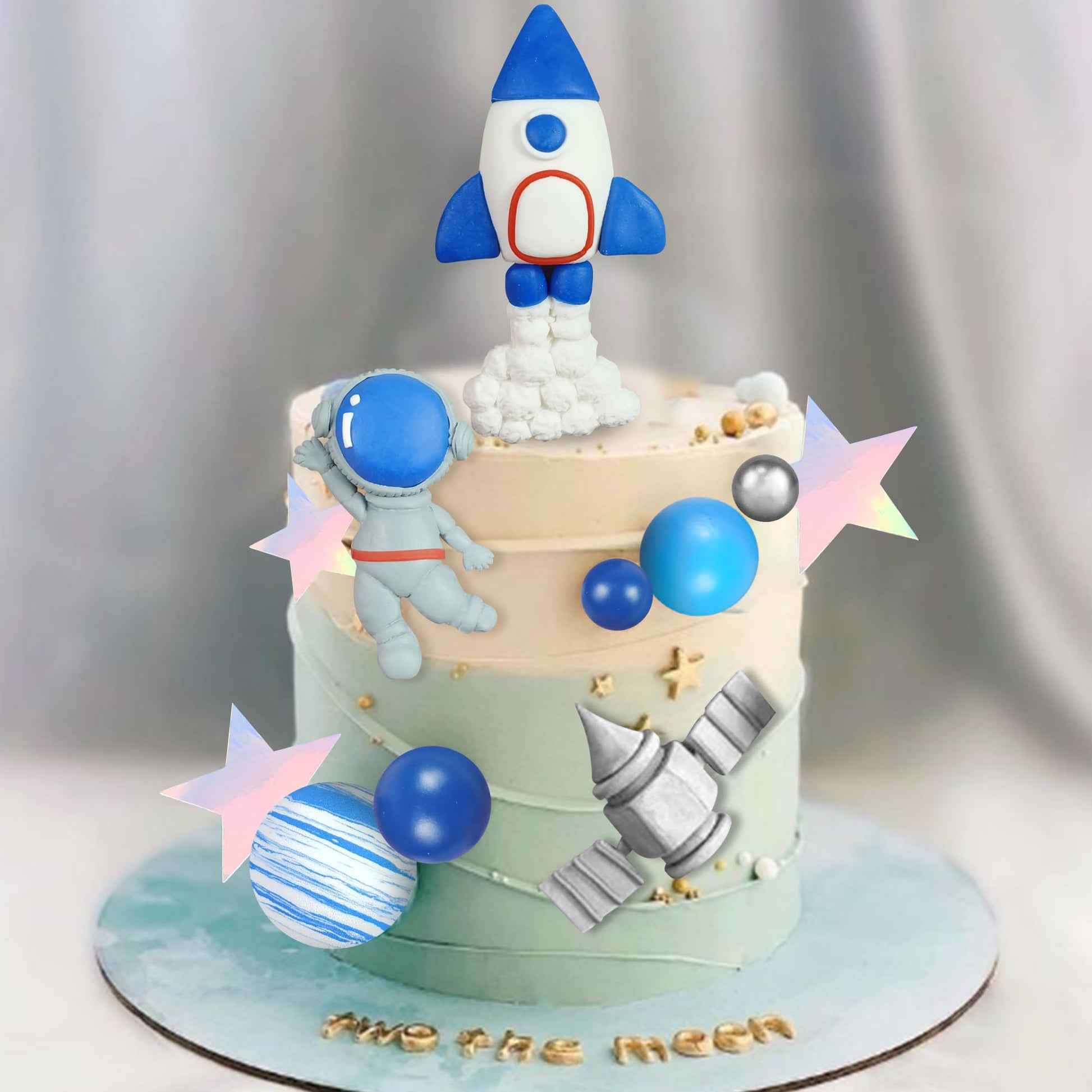 Clay Space Cake Toppers: Astronaut Figurines, Rocket Balls, Stars - Kids Space Theme Decorations for Birthday Party Supplies, Baby Shower