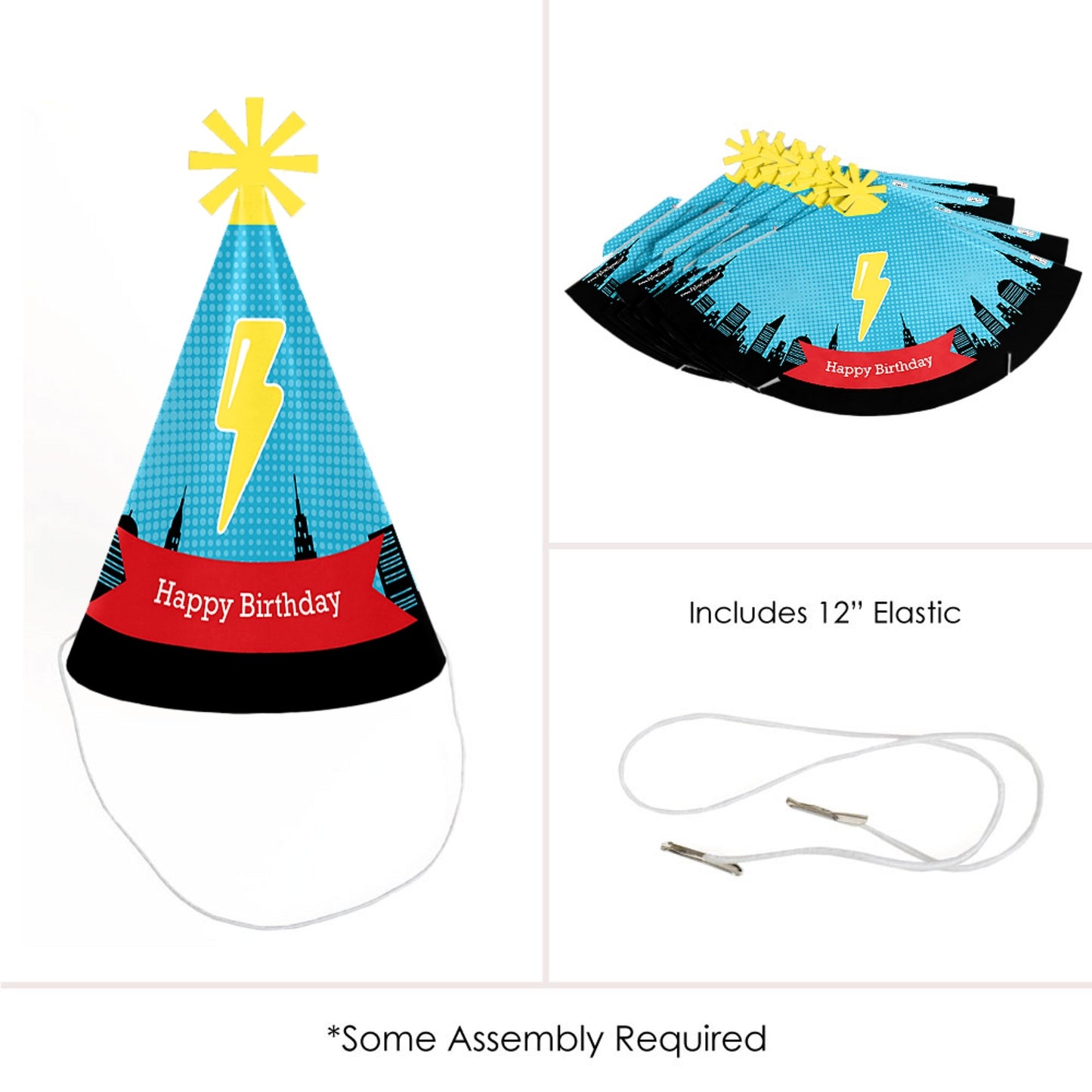 Big Dot of Happiness Bam Superhero - Cone Happy Birthday Party Hats for Kids and Adults - Set of 8 (Standard Size)