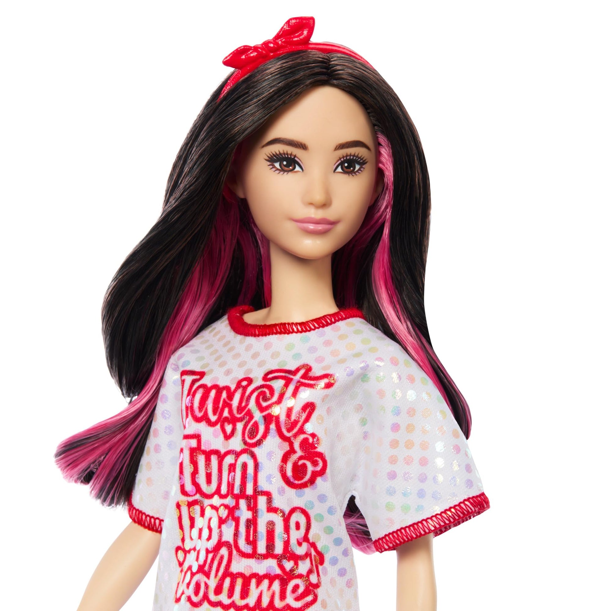 Barbie Fashionistas Doll #214, Black Wavy Hair with Twist ‘n’ Turn Dress & Accessories, 65th Anniversary Collectible Toy