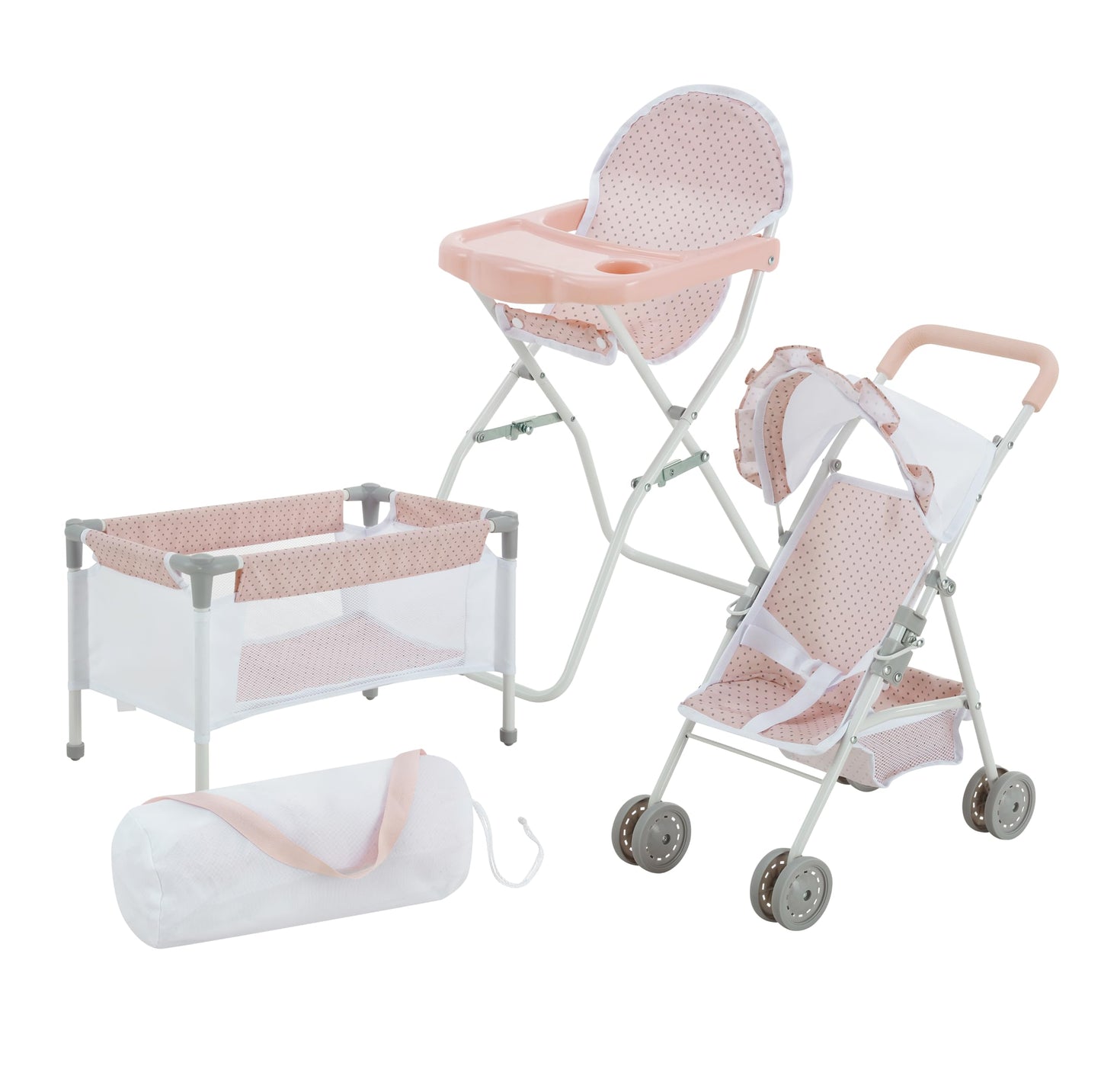 Olivia's Little World Polka Dot Princess Baby Doll 3pc Nursery Set - Crib, High Chair & Stroller, Pink & Gray