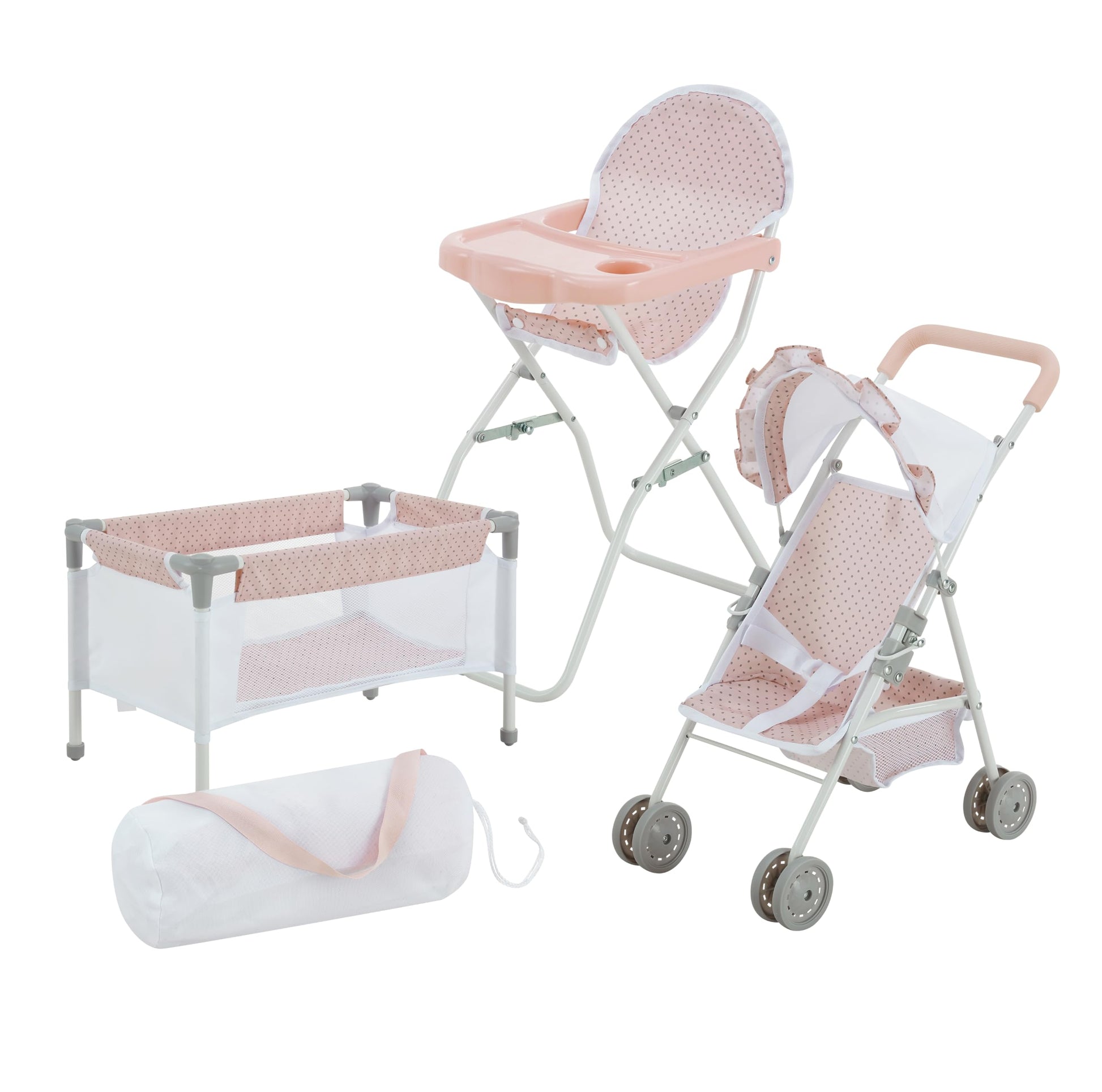 Olivia's Little World Polka Dot Princess Baby Doll 3pc Nursery Set - Crib, High Chair & Stroller, Pink & Gray