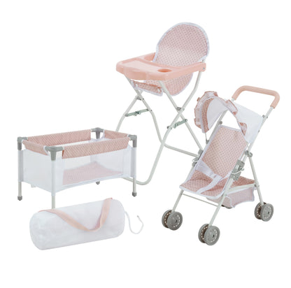Olivia's Little World Polka Dot Princess Baby Doll 3pc Nursery Set - Crib, High Chair & Stroller, Pink & Gray