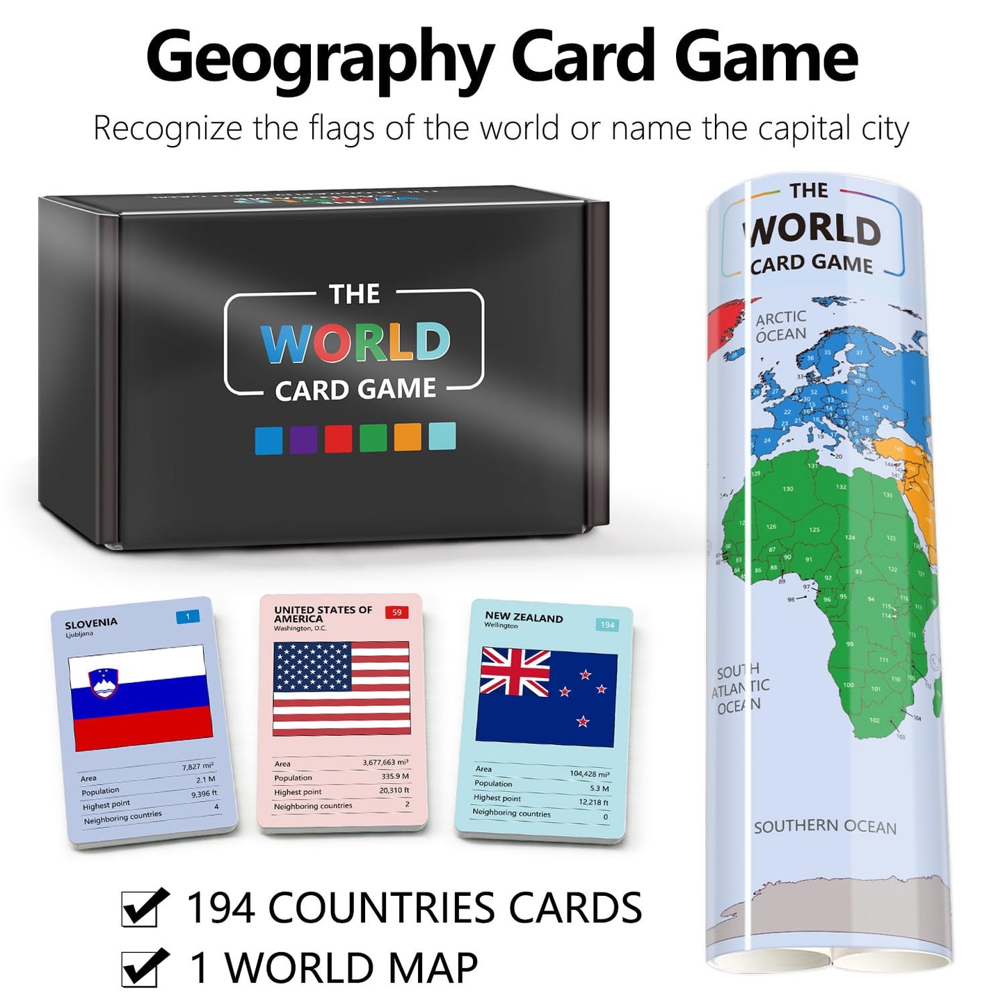 The World Card Game - World Flags Flashcards - Geography Board Game with World Map Educational Games for Adults Party Game Night, Birthday Learning