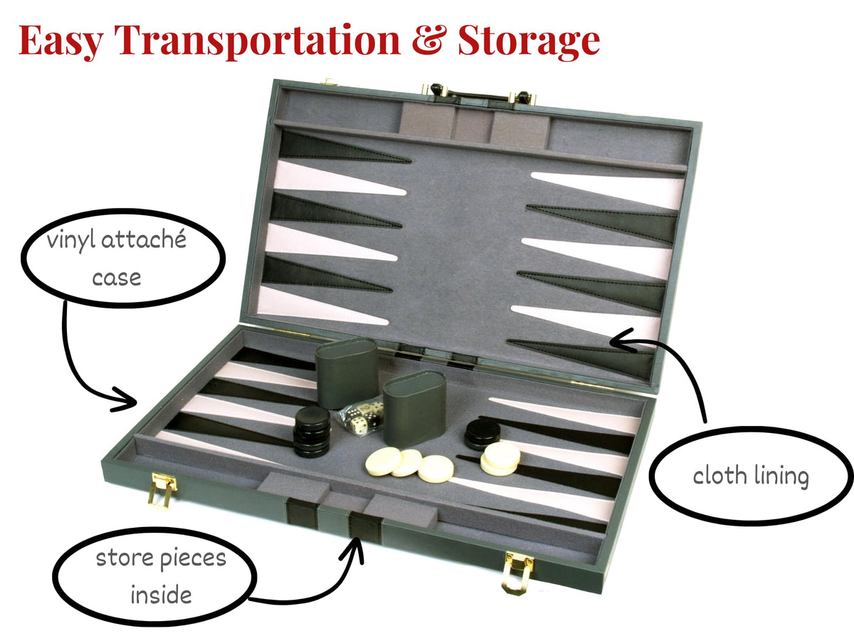 Hansen Classic Games - 11" Backgammon Attache Case - Includes Pips, Dice, Doubling Dice, and Dice Cups - 038011