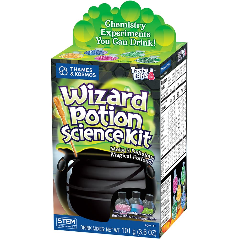 Tasty Labs Wizard Potion Science Kit - Make 5 Magical Potions, Chemistry Experiments Safe to Drink, Includes Cauldron & Wand - Study Reactions