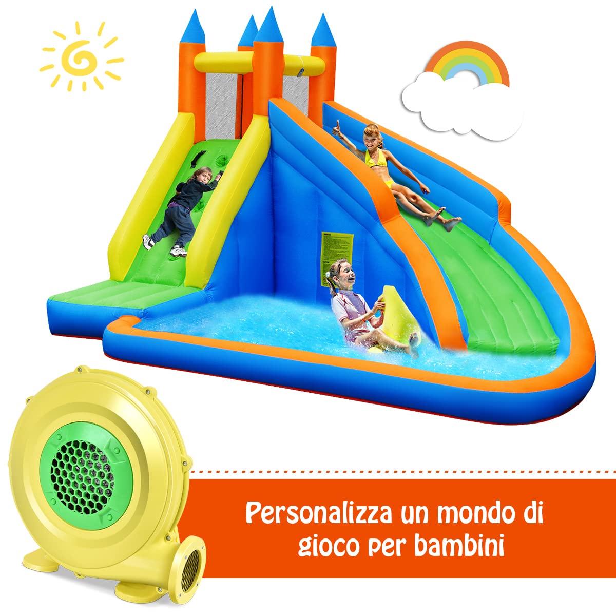 DPThouse Bounce House Blower 735 Watt 1.0HP for Inflatable Bounce House Bouncy Castle, Yellow+Green, Small