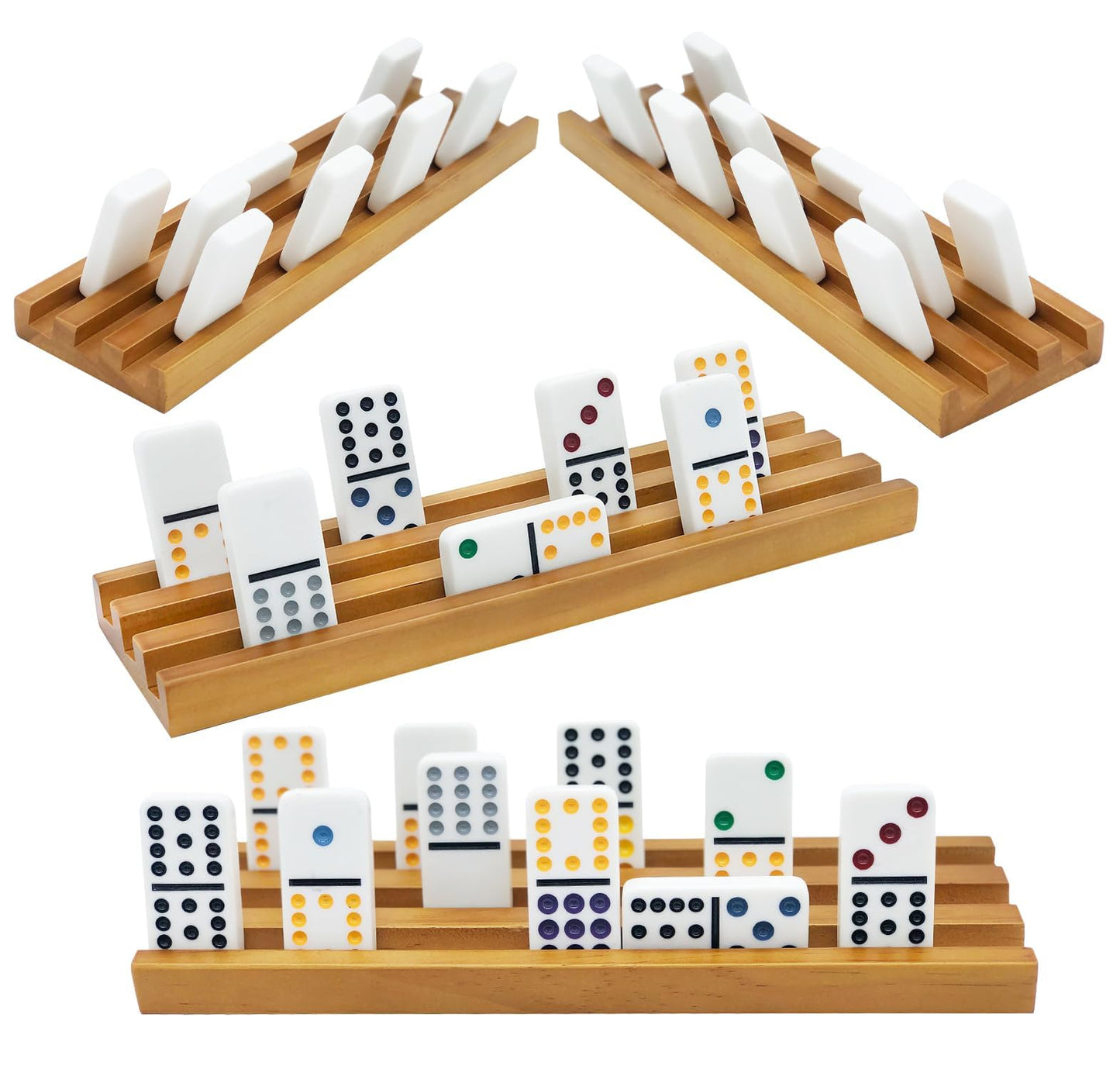 ESSAJOY Wooden Domino Trays/Racks Set of 8 Domino Tiles Holders Mexican Train Wooden Trays/Racks Wood Organizers for Chicken Foot (8 Premium Domino