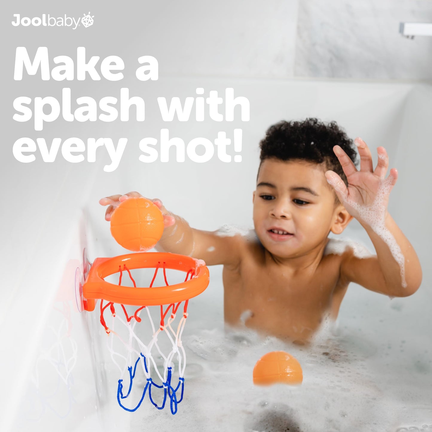Jool Baby Bath Basketball Hoop for Toddlers, Kids Bathtub Toy - Includes Basketball Net w/ Suction Cups, 2 Basketballs