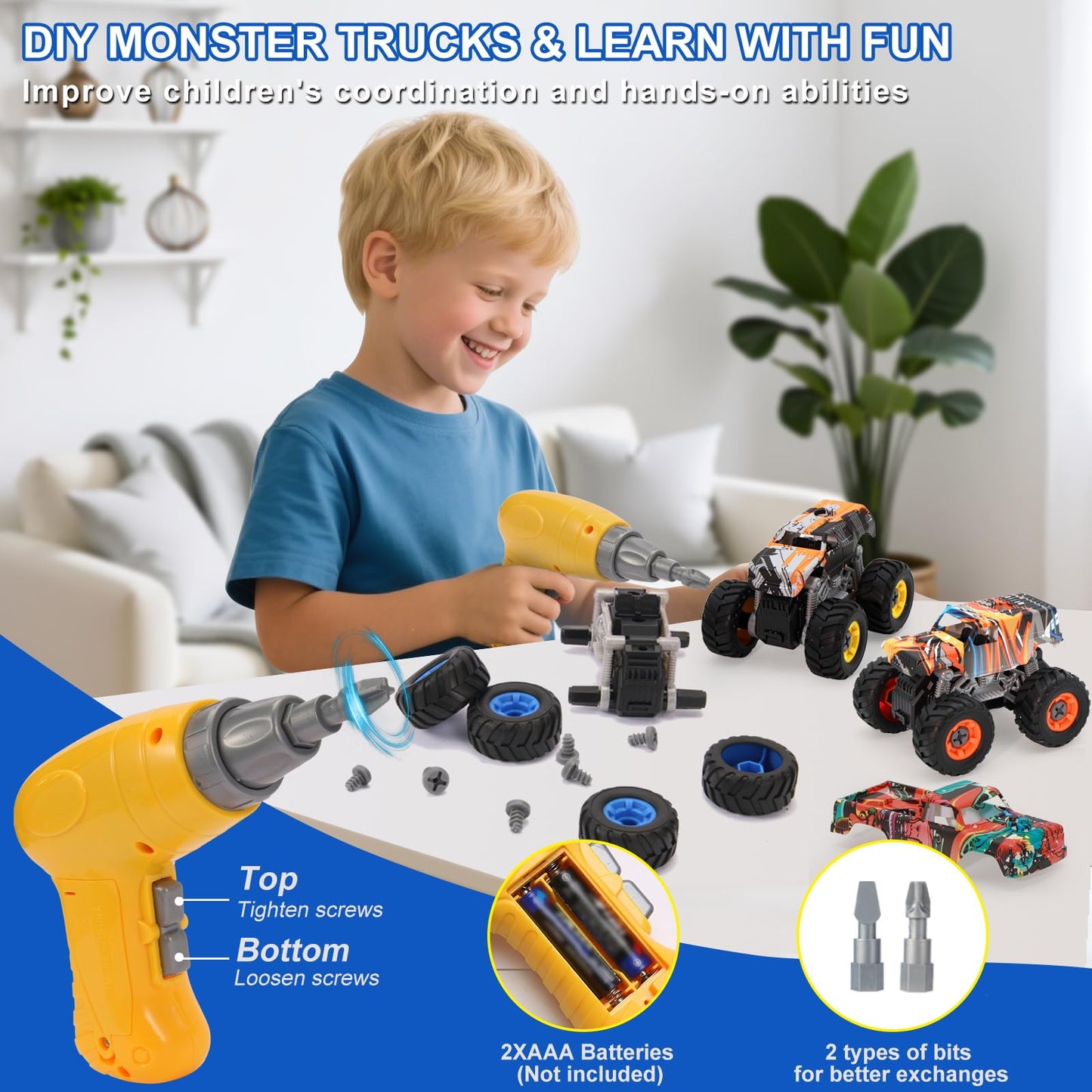 Trovogil Take Apart Monster Truck STEM Toys for 3-8 Year Old Boys Girls,Educational Building Toys with Electric Drill & Storage Box Gift Birthday