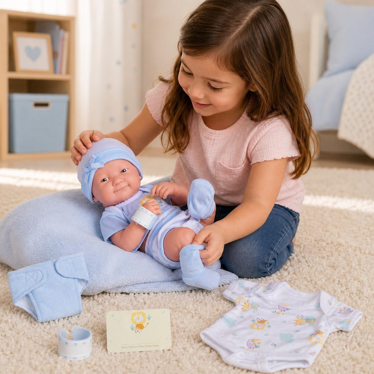 8 piece Layette Baby Doll Gift Set | JC Toys - La Newborn Nursery | 14" Life-Like Smiling Doll w/ Accessories | Blue | Ages 2+