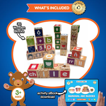 KIDS KORNER Alphabet Blocks Toys for Toddlers - Bilingual Educational Toys, Spanish Learning Toys, Stacking Toys with 30 Wooden Blocks and Toddler