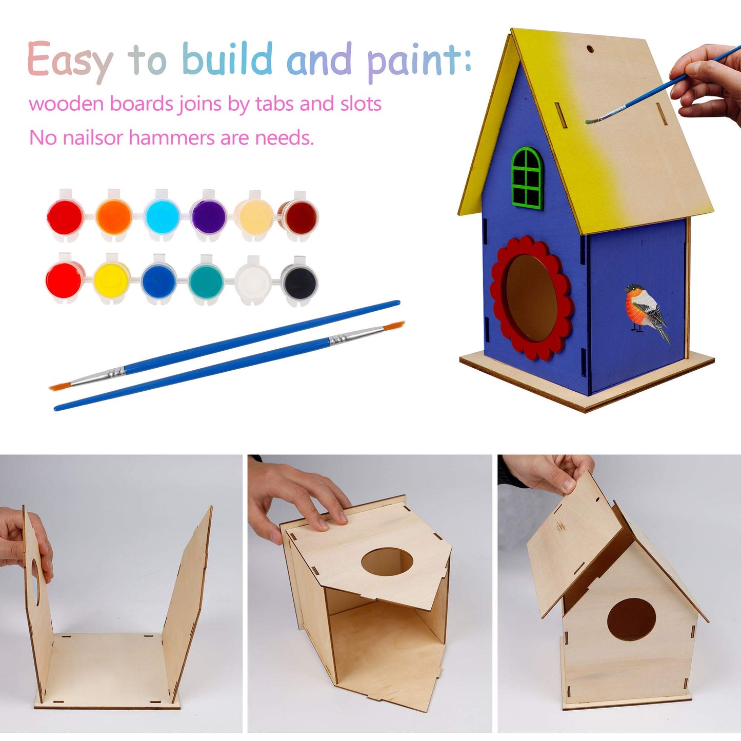 Glintoper Art Craft Wood Toys for Kids, 4 Pack DIY Bird House Kit Painting Puzzle DIY Wooden Assembly, Build and Paint Birdhouse, Include Paints